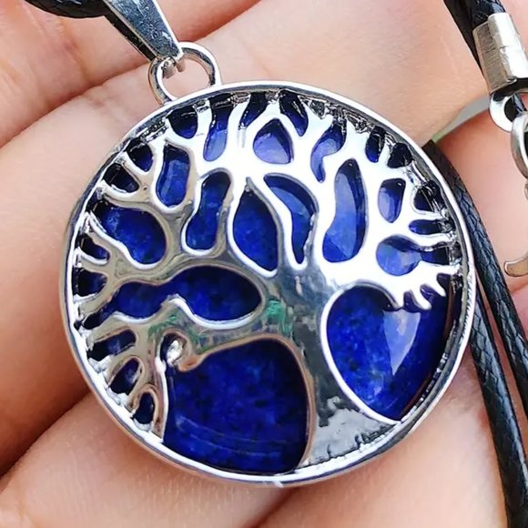 Jewelry - Lapis Lazuli Natural Gemstone Tree Of Life Round Pendant Gemstone Necklace